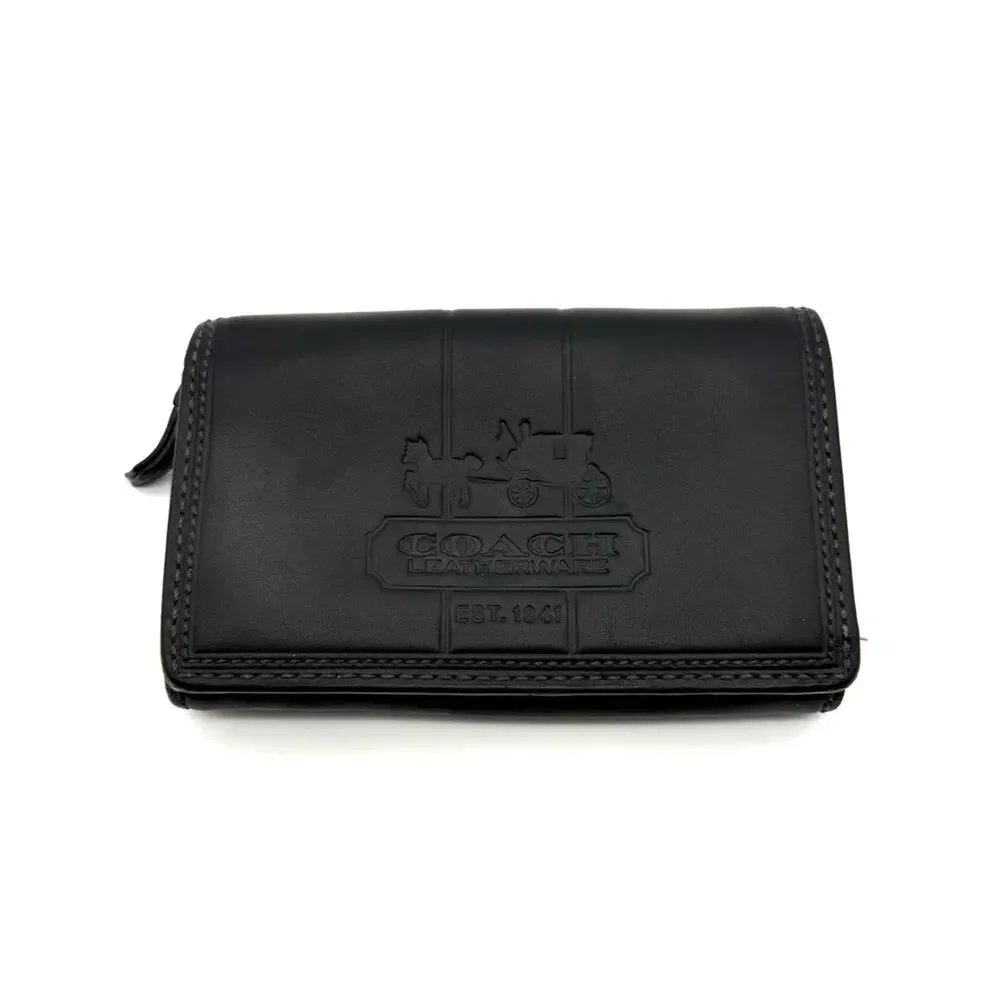 Coach Bleecker Wallet Black Leather Embossed Signature Carriage Logo Pink Lining